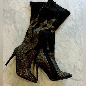 🔥 Fire Black & Gold Rhinestone Flame Detail Sexy High Heel OTK Thigh Boots 🔥